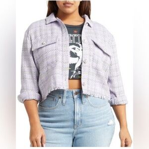 BP Plaid Fringe Tweed Cropped Blazer Jacket Women Size Large Purple Lightweight